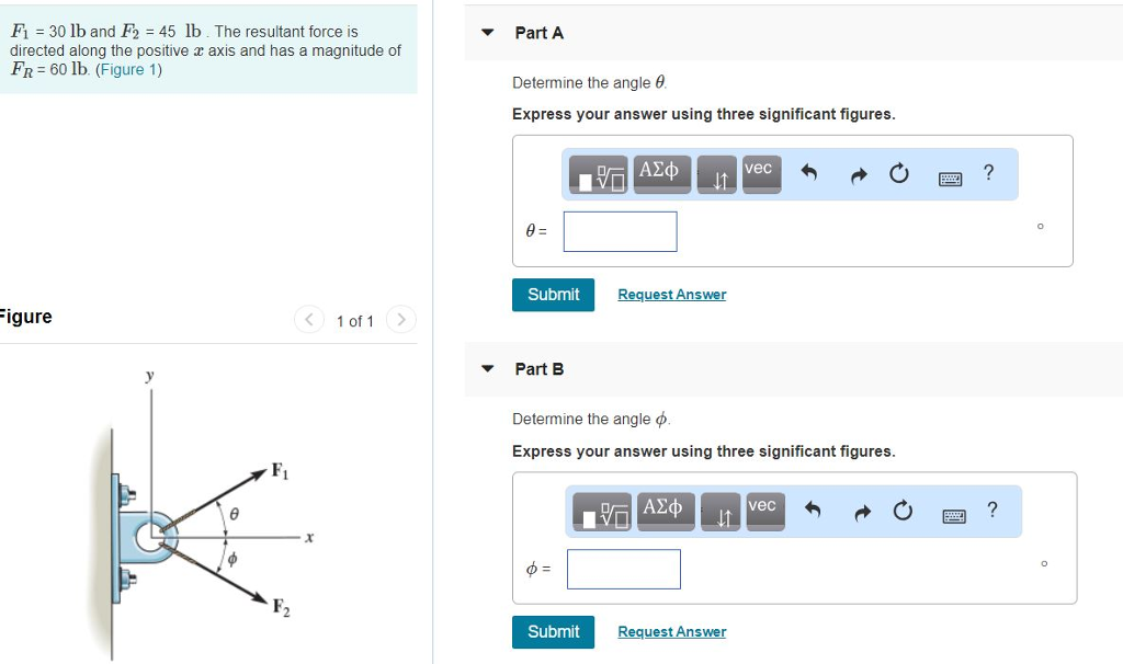 Solved F1 30 lb and F2 45 lb. The resultant force is | Chegg.com