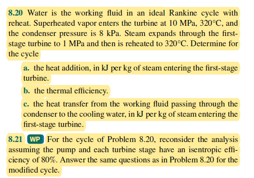 Solved 8.20 Water is the working fluid in an ideal Rankine | Chegg.com