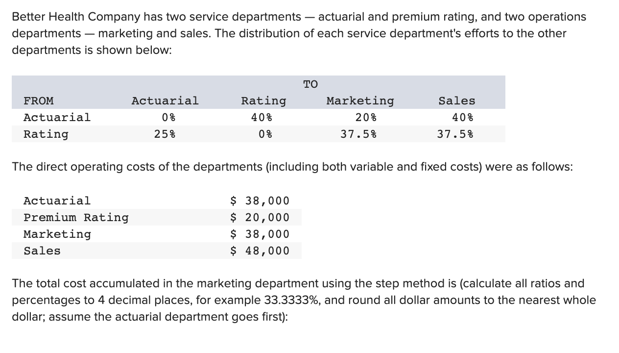 Solved Better Health Company has two service departments