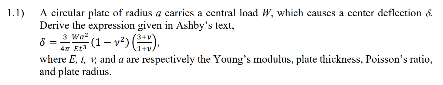 A circular plate of radius \( a \) carries a central load \( W \), which causes a center deflection \( \delta \). Derive the