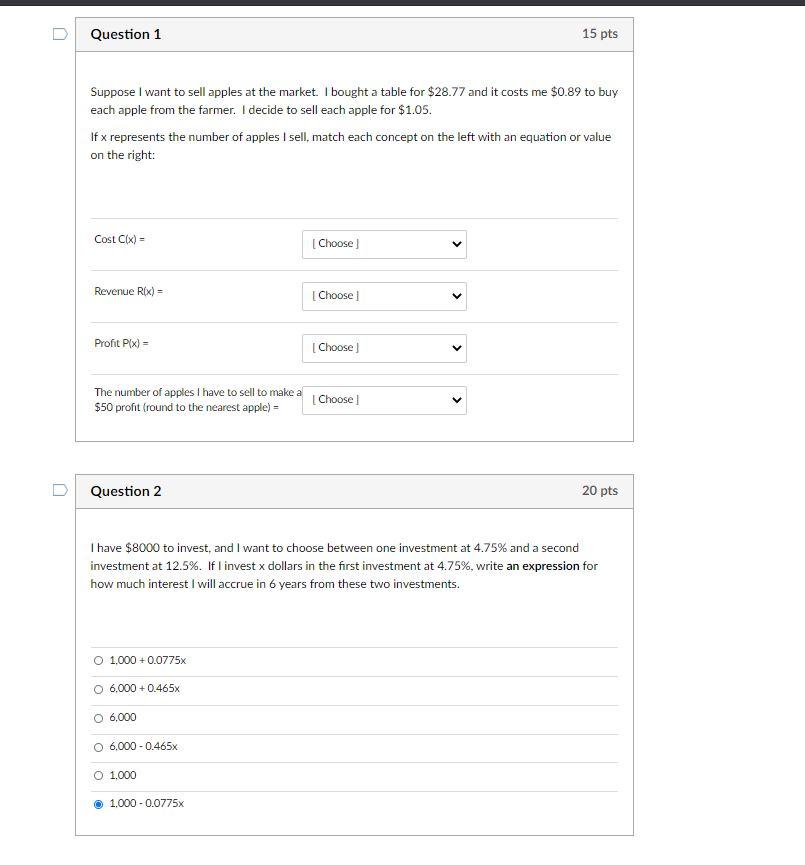 Solved Question 1 15 pts Suppose I want to sell apples at | Chegg.com