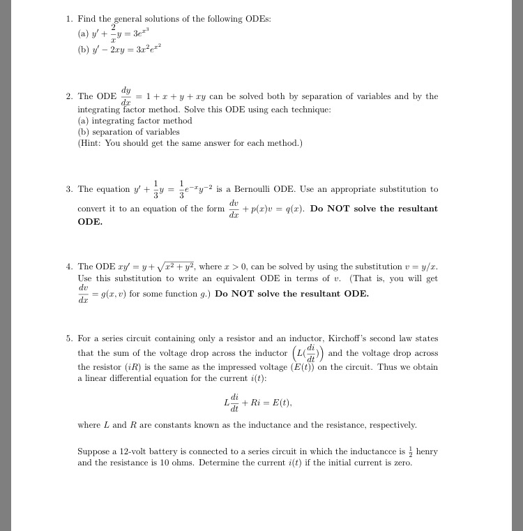 Solved 1 Find The General Solutions Of The Following Ode Chegg Com