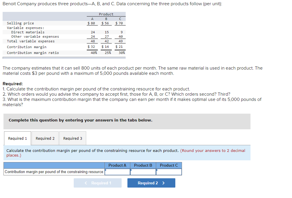 Solved Benoit Company produces three productsA, B, and C.