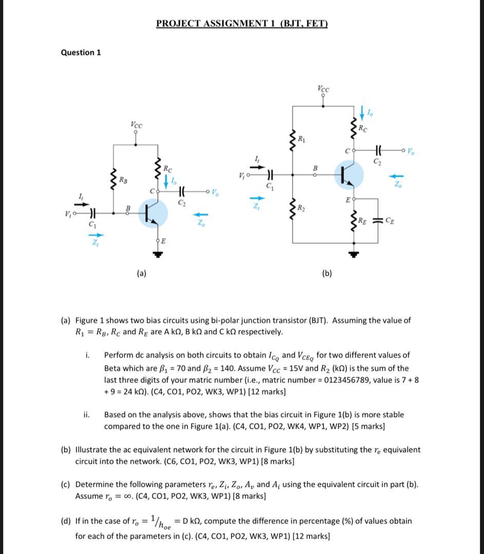 Solved Project Assignment 1 Bjt Fet Question 1 Vcc Vcc Rc Chegg