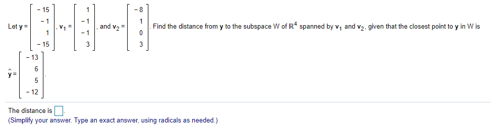 Solved -8 - 1 1 1 Let y = V1 and V2 = Find the distance from | Chegg.com