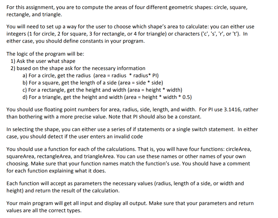 compute area of following shapes circle rectangle triangle square trapezoid and parallelogram