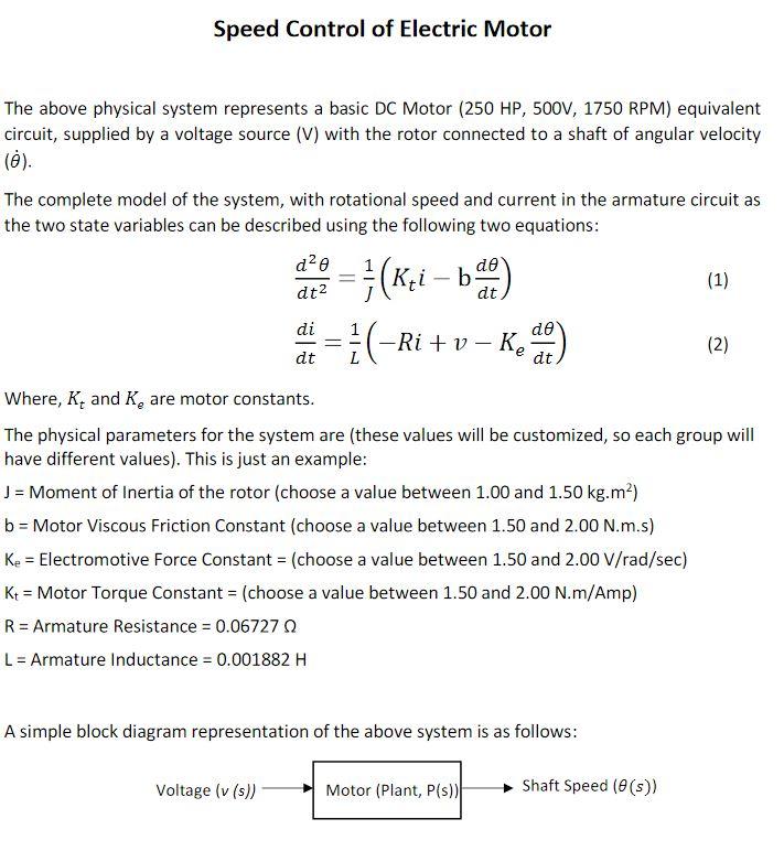 Solved Speed Control of Electric Motor The above physical | Chegg.com