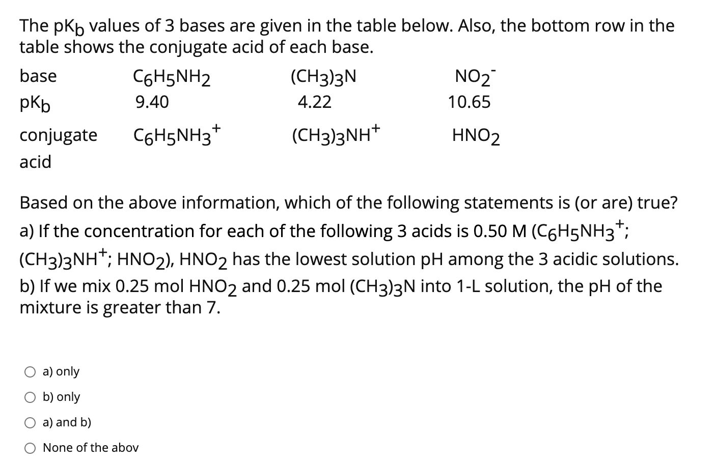 Solved The pKb values of 3 bases are given in the table