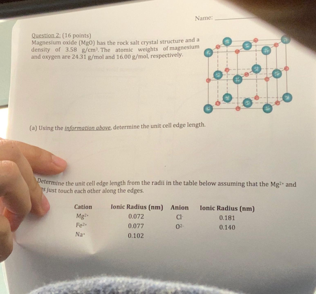 Solved Name Question 2 (16 points) Magnesium oxide (Mg)