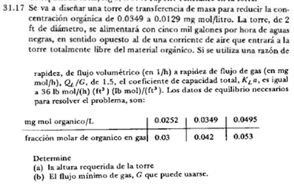 1.17 Se va a diseñar una torre de transferencia de masa para reducir la concentración orgánica de 0.0349 a \( 0.0129 \mathrm{