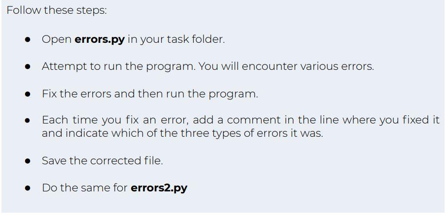 Follow these steps: Open errors.py in your task | Chegg.com