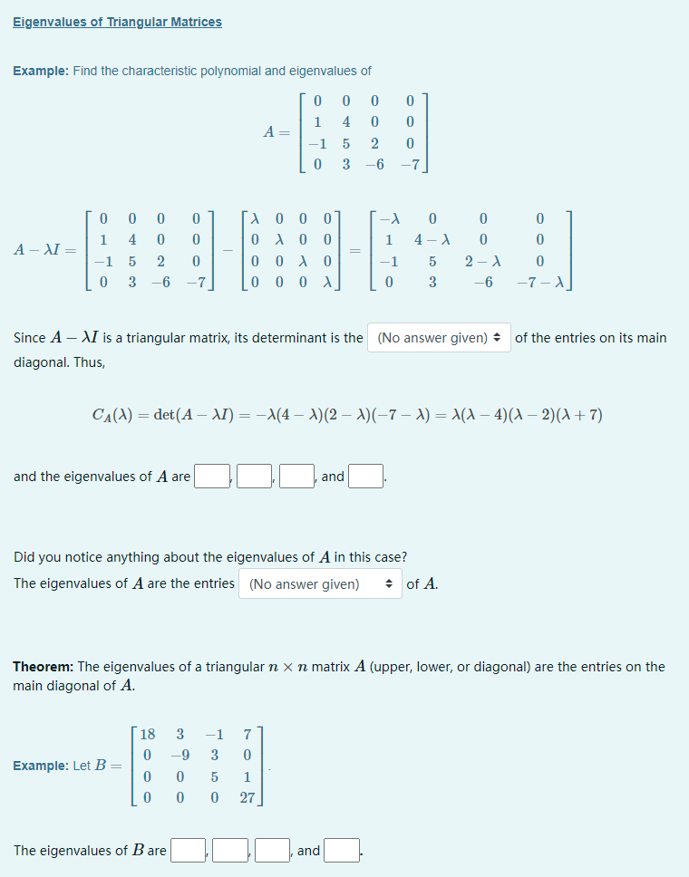 Solved Eigenvalues of Triangular Matrices Example: Find the | Chegg.com