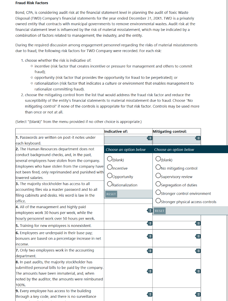 Solved Fraud Risk Factors Bond, CPA, is considering audit | Chegg.com