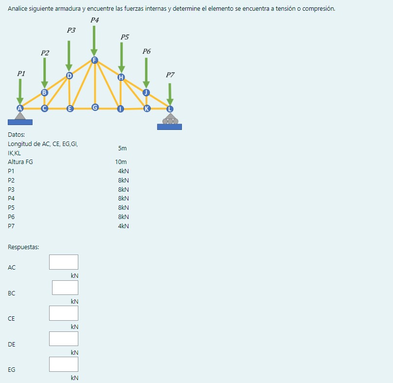 Analice siguiente armadura y encuentre las fuerzas internas y determine el elemento se encuentra a tensión o compresión. Res
