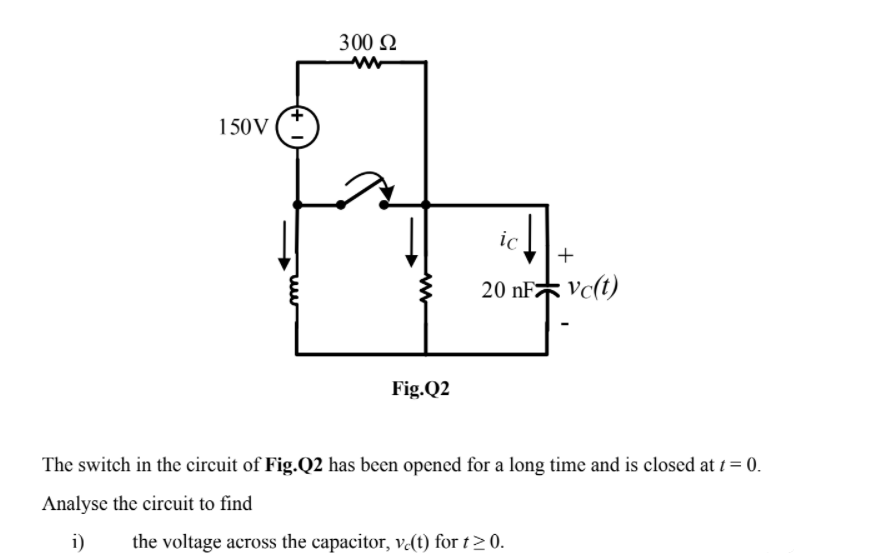 Solved 300 Ω 150V ic + w 20 nF+ ve(t) Fig.Q2 The switch in | Chegg.com