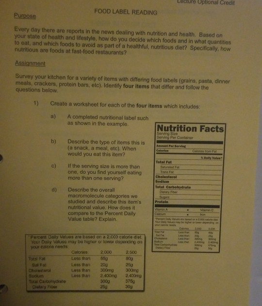 Nutrition Label Worksheet Answers