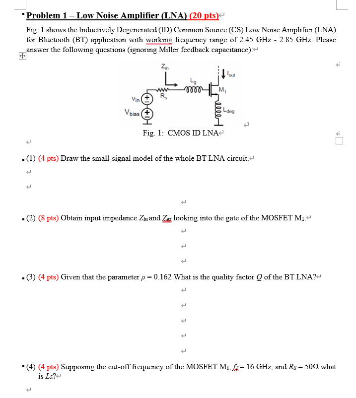 Solved "Problem 1 - Low Noise Amplifier (LNA) (20 pts) Fig. | Chegg.com