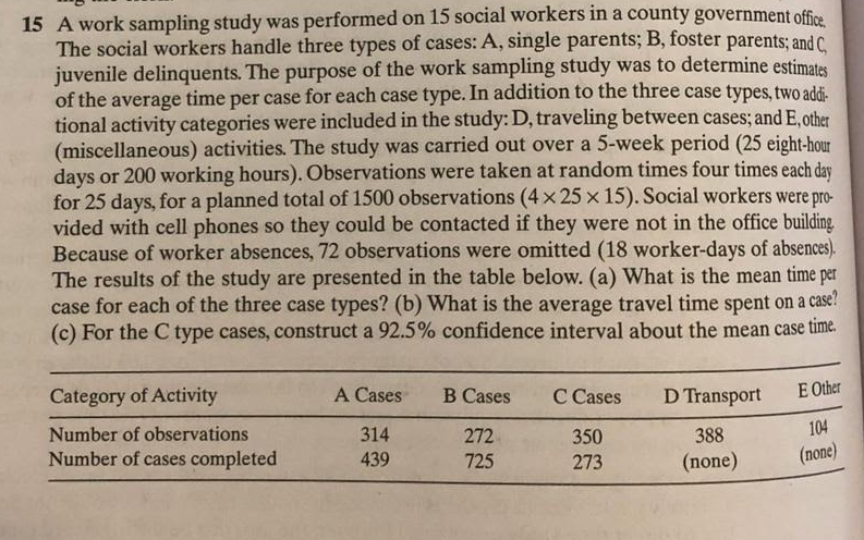 Social Work Sampling Examples 15 A work sampling study was performed on 15 social | Chegg.com