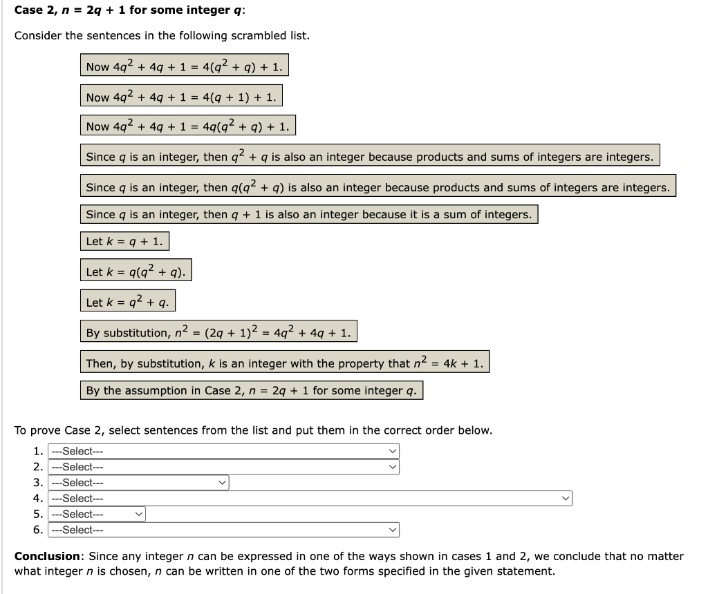 Case 2, n = 2q + 1 for some integer q:
Consider the sentences in the following scrambled list.
Now 4q² + 4g + 1 = 4(q² + g) +