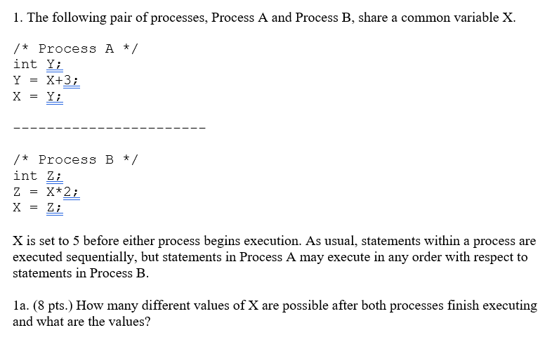 Solved 1. The following pair of processes, Process A and | Chegg.com