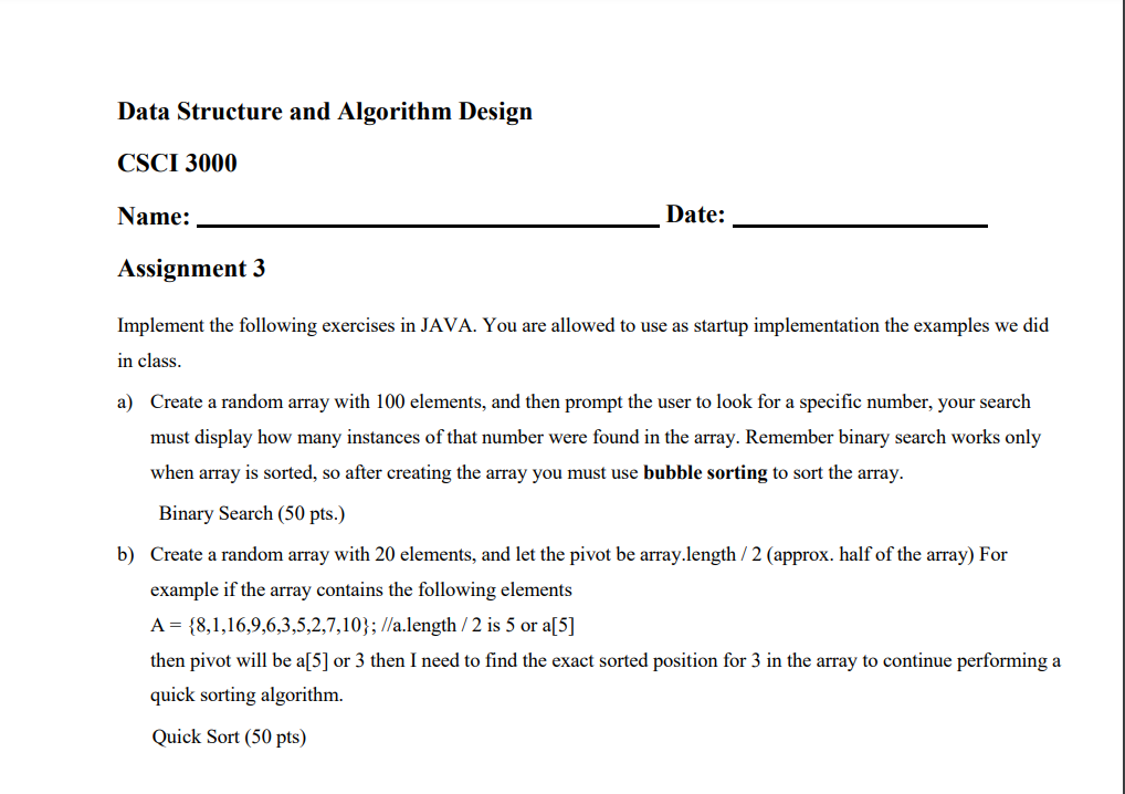 Solved Data Structure And Algorithm Design CSCI 3000 Name: | Chegg.com