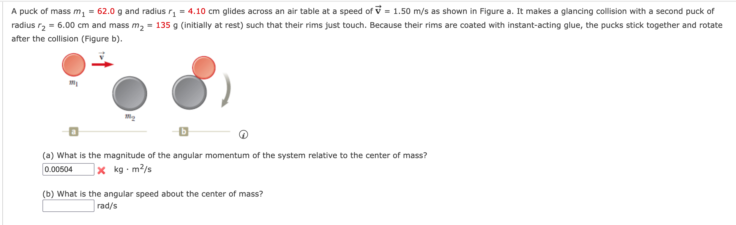 Solved puck of mass m1=62.0 g and radius r1=4.10 cm glides