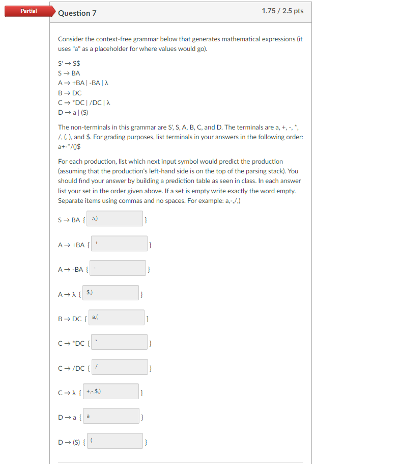 Solved Question 6 1.25 / 2.5pts Consider the context-free | Chegg.com