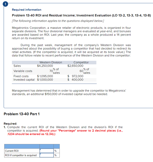 Solved Required information Problem 13-40 ROI and Residual | Chegg.com