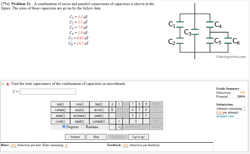 (7\%) Problem 1l: A combination of series and parallel connections of capacitors is shown in the figure. The sizes of these c
