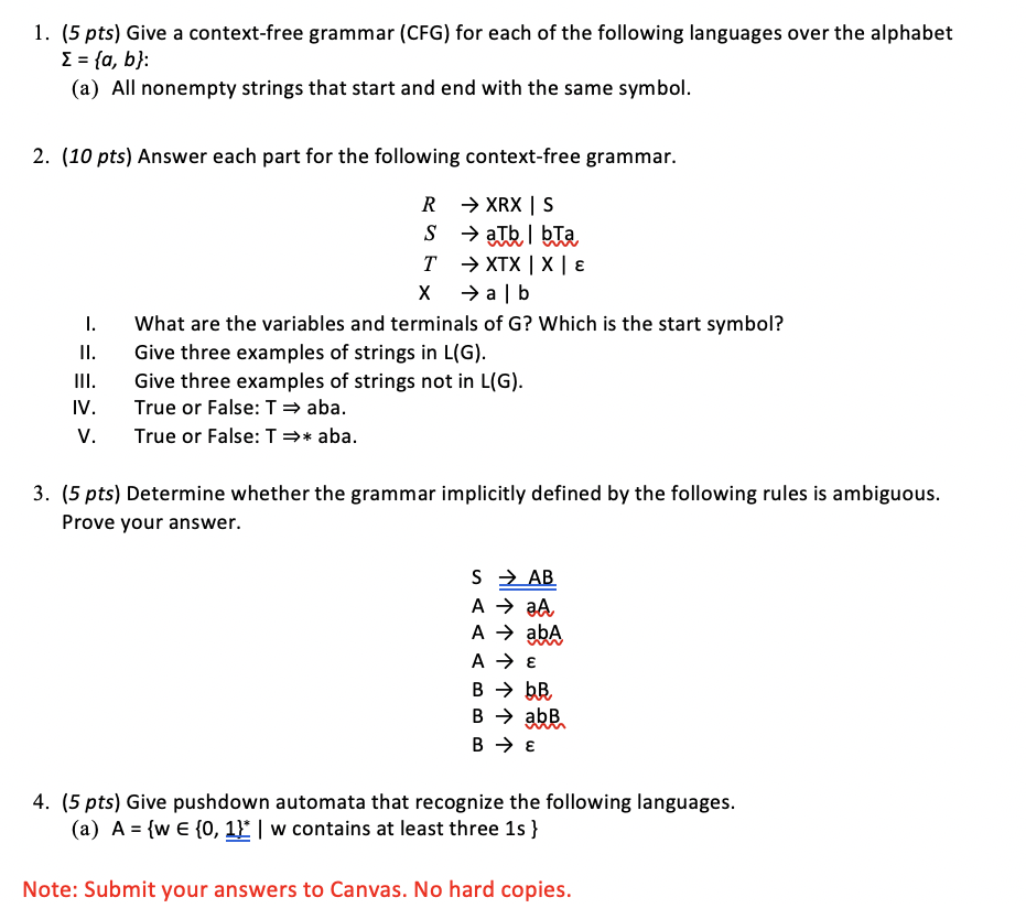 give context-free grammars for each of the following languages