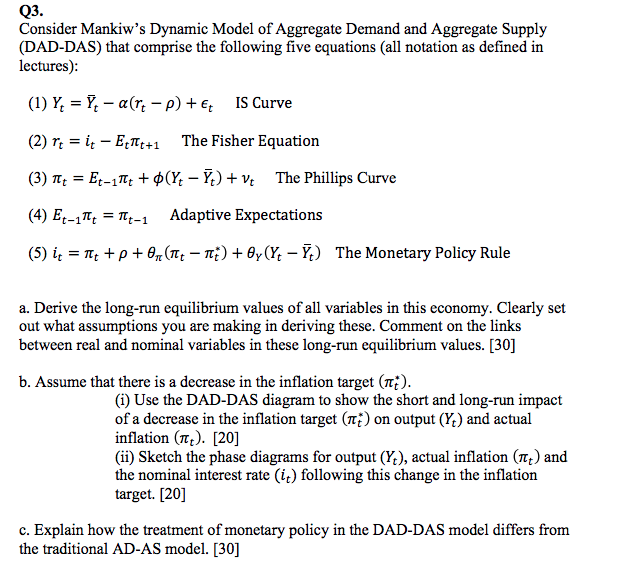 Solved Q3. Consider Mankiw's Dynamic Model of Aggregate
