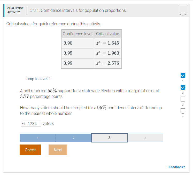 Solved CHALLENGE ACTIVITY 5.3.1: Confidence intervals for | Chegg.com