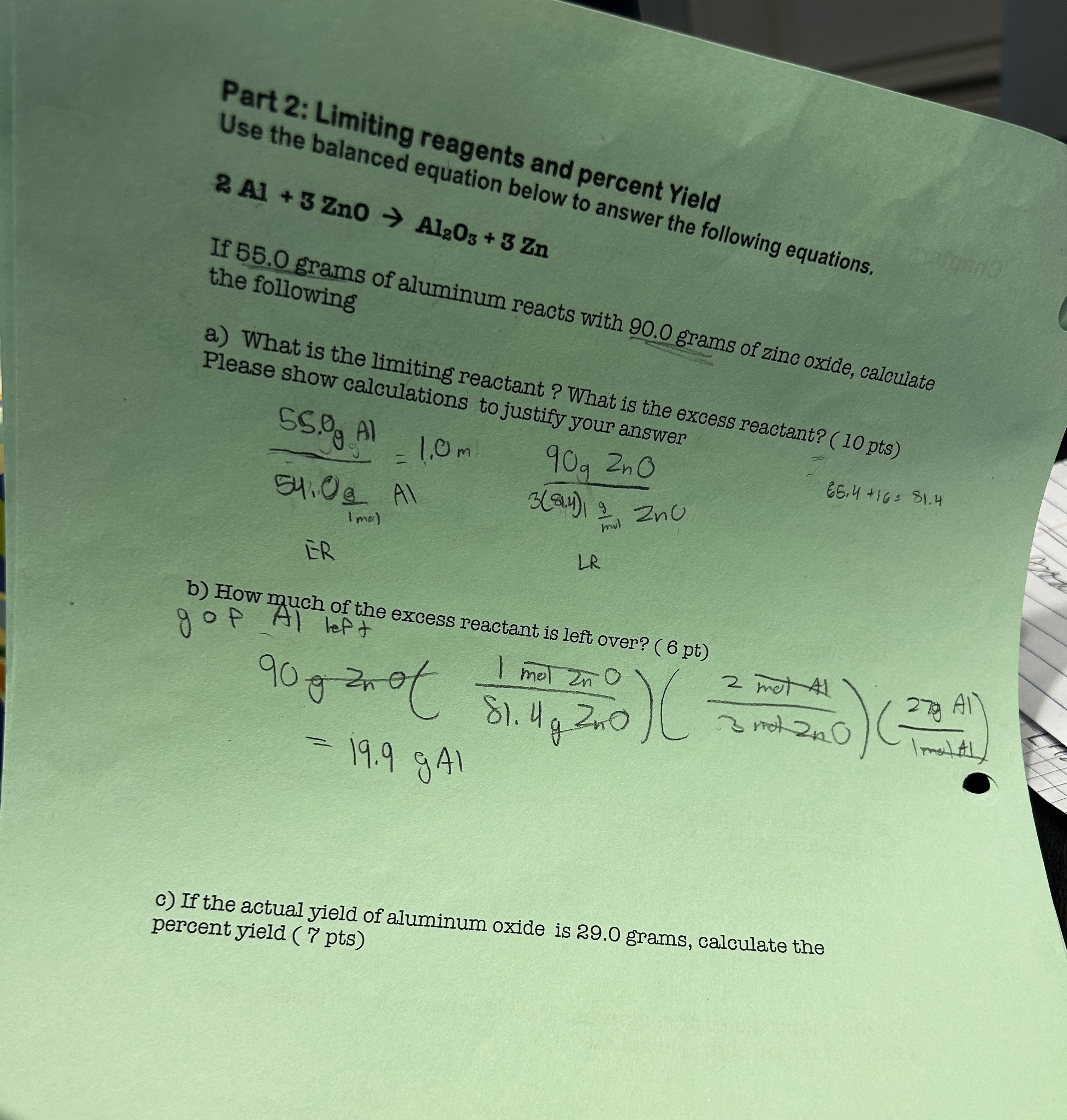 Solved Part 2: Limiting reagents and percent YieldUse the | Chegg.com