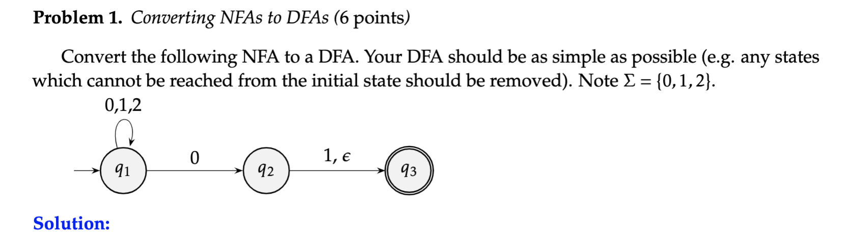 Solved Problem 1. Converting NFAs To DFAs (6 Points) Convert | Chegg.com