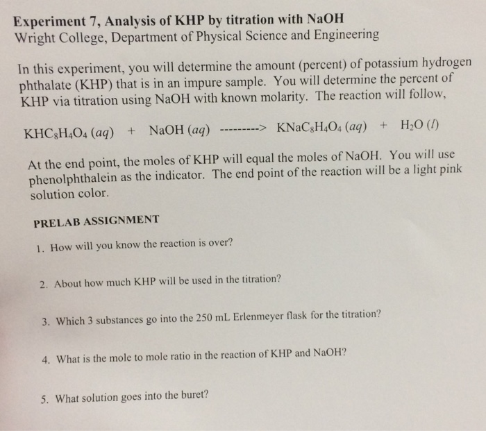 Solved Experiment 7, Analysis of KHP by titration with NaOH