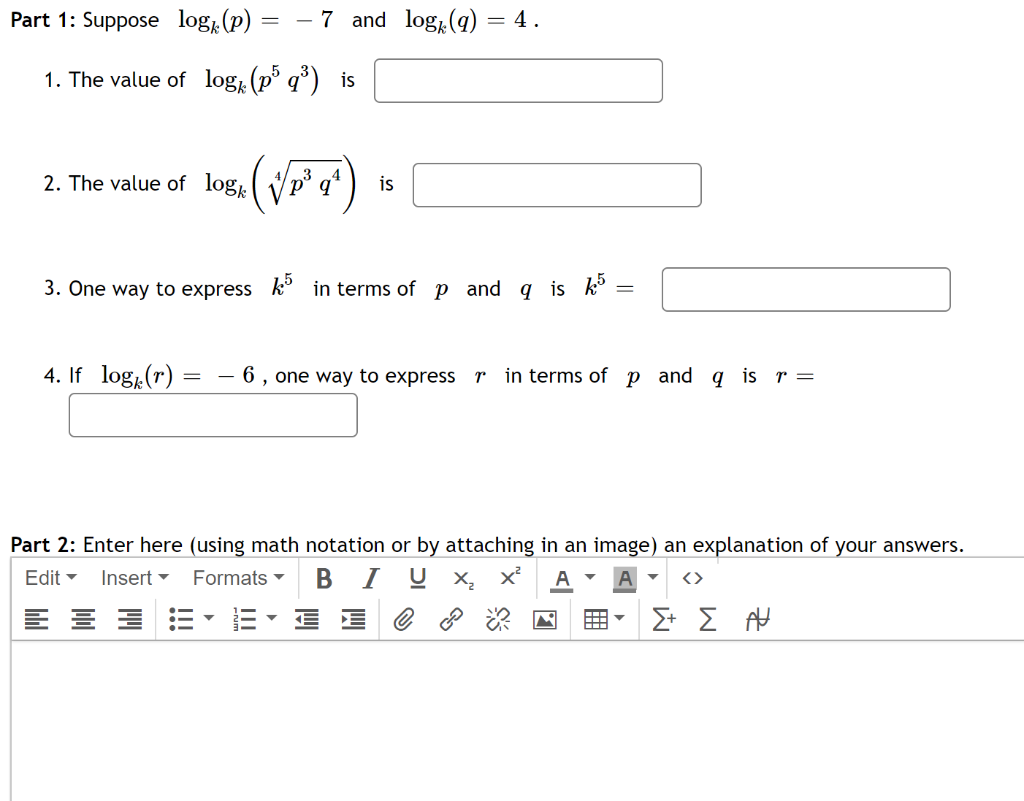 Solved Part 1: Suppose log (P) = – 7 and log:(q) = 4. 1. The | Chegg.com