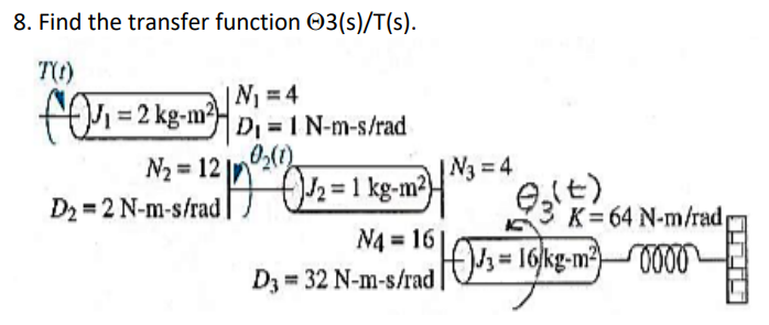 8. Find the transfer function \( \Theta 3(\mathrm{~s}) / T(\mathrm{~s}) \).