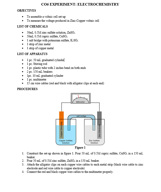 Solved CO6 EXPERIMENT ELECTROCHEMISTRY OBJECTIVES • To