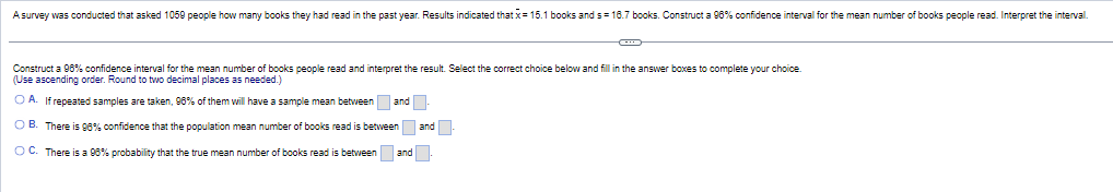 Solved Construct a 96% confidence interval for the mean | Chegg.com