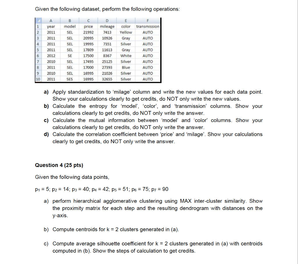 Given The Following Dataset, Perform The Following | Chegg.com