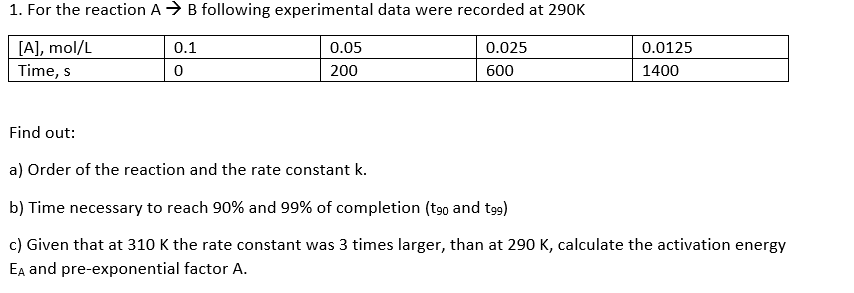 Solved 1. For the reaction A B following experimental data | Chegg.com