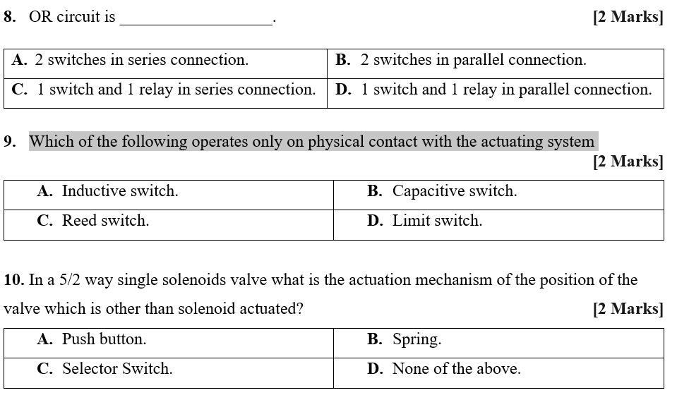 Solved 8. OR circuit is [2 Marks] A. 2 switches in series