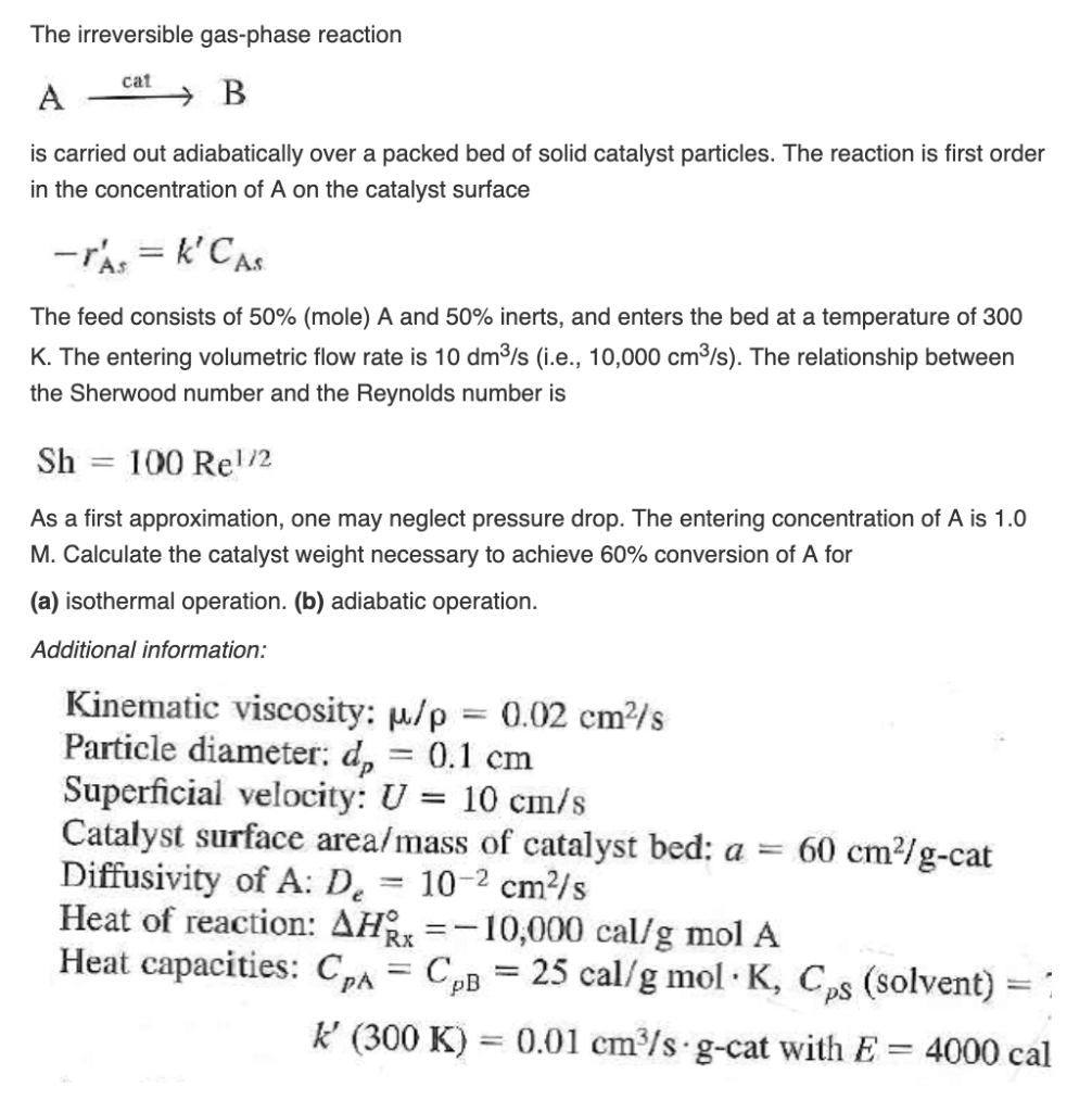 Solved The irreversible gasphase reaction cat A is carried
