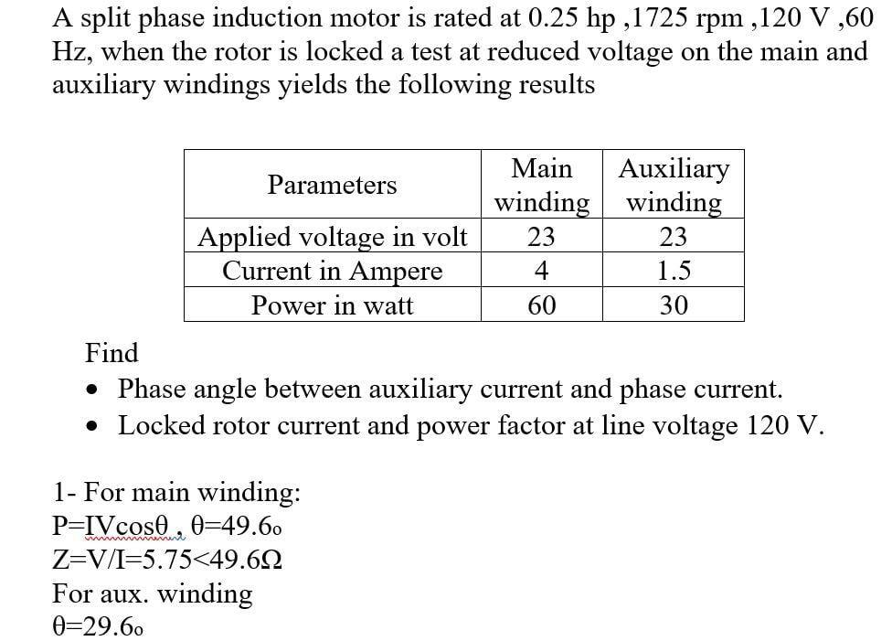 Solved A split phase induction motor is rated at 0.25 hp | Chegg.com