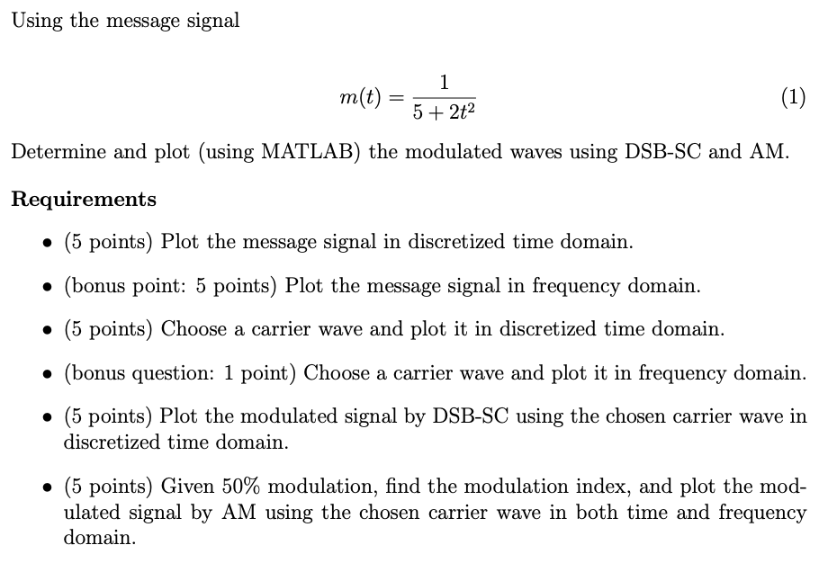 Using the message signal m(t) (1) 5+ 2t2 Determine | Chegg.com