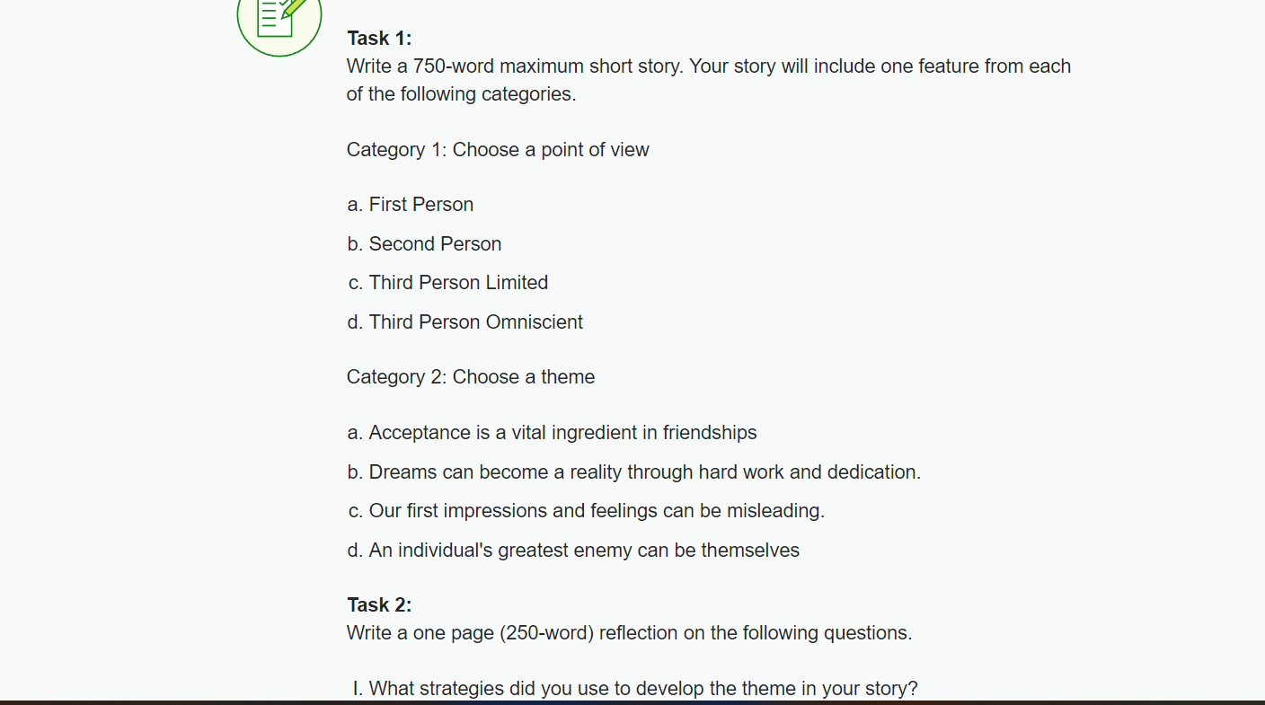 Solved Task 1: Write a 750-word maximum short story. Your | Chegg.com
