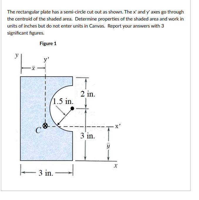 The rectangular plate has a semi-circle cut out as shown. The \( x^{\prime} \) and \( y^{\prime} \) axes go through the centr