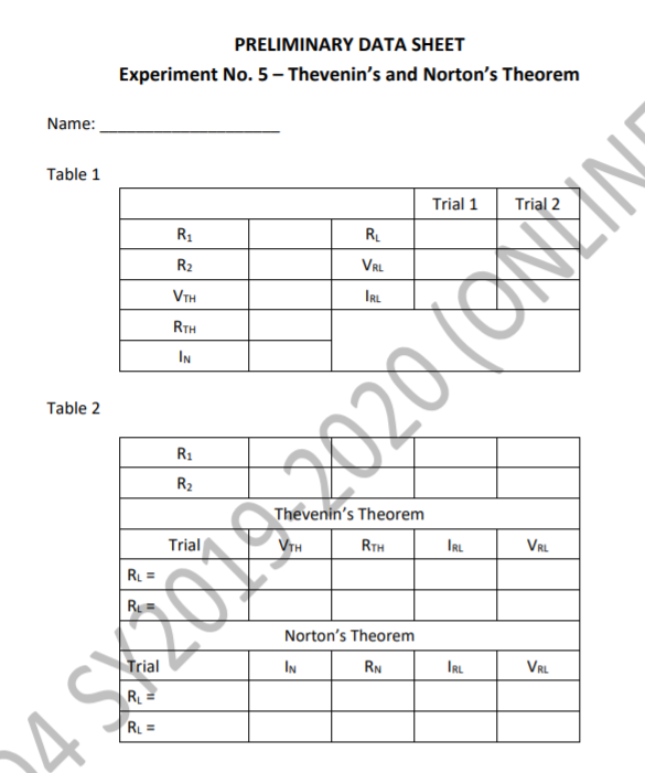 Preliminary Data Sheet Experiment No 5 Thevenin Chegg Com