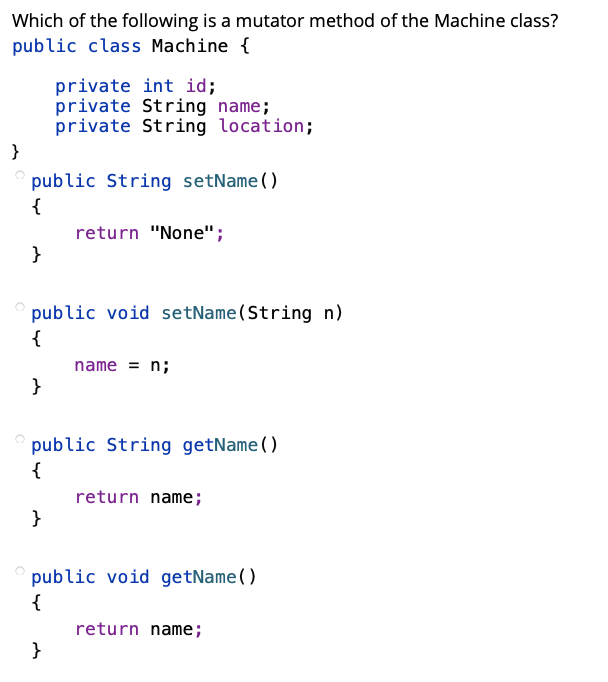 Solved Which of the following is an accessor method for the | Chegg.com