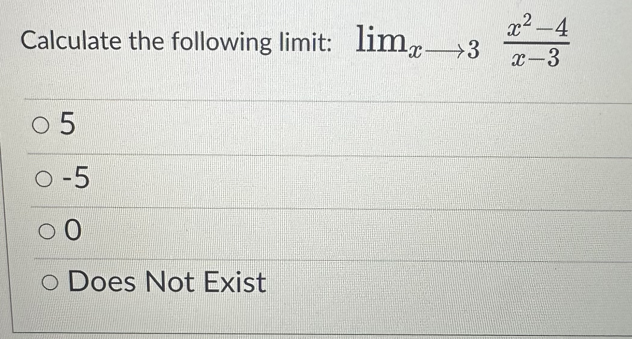 Solved Calculate The Following Limit Limx→3x−3x2−4 5 −5 0